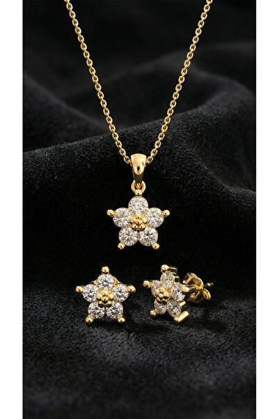 Roza Silver Zirkon Taşlı Gold Manolya Çiçeği Kolye Küpe 2'li Gümüş Set