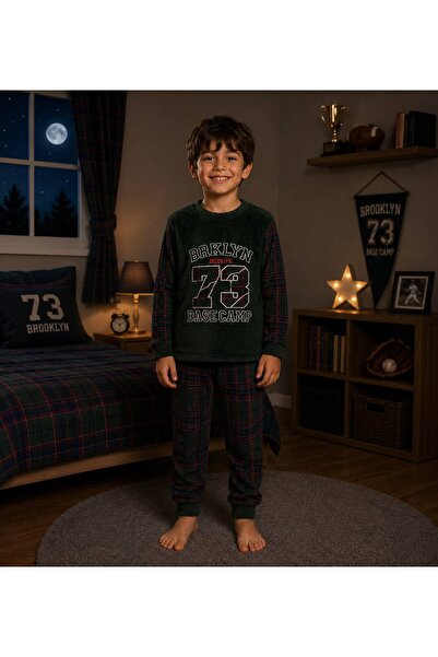 Fil Kids Green Brooklyn 73 Printed - Set de pijamale de iarnă din lână cu mân...