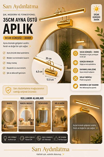 Sarı Aydınlatma 35cm Gold Kasa LED Tablo Ve Ayna Üstü Aplik Günışığı Modern D...