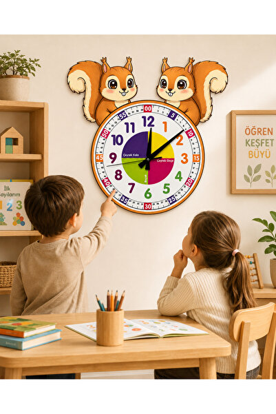 karbonsoft Ceas de perete educativ din lemn pentru camera copiilor, cu veveri...