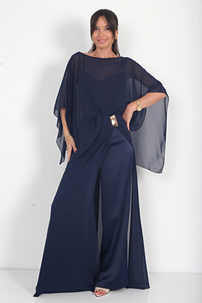By Saygı Women's Special Design Triple Set with Chiffon Cape and Gold Accesso...