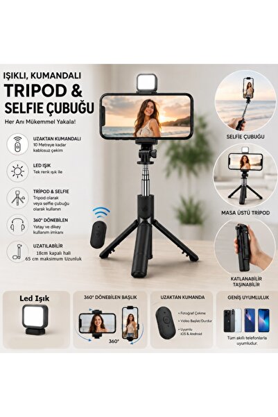 gaman S03 Led Işıklı Tripod Bluetooth Kumandalı Üçü Birarada Selfie Çubuğu Mo...