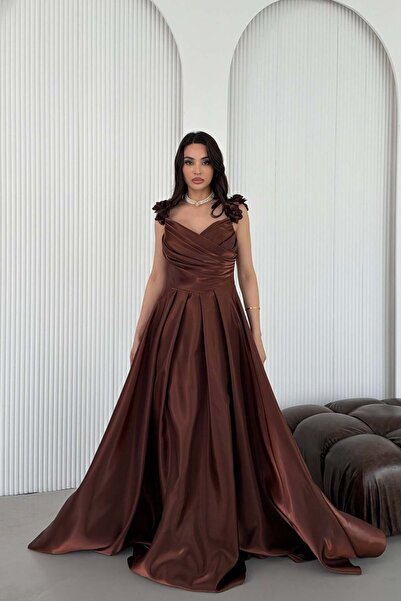 Serica Moda Kahverengi Çiçekli Askılı Drapeli Eteği Pileli Uzun Abiye Elbise