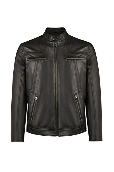 Derimod Lucas Men's Black Judge Collar Leather Jacket 26Sge65441M
