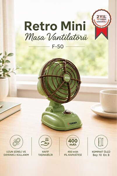Torima Şarjlı Masaüstü Vantilatör Vintage Retro Tasarım 400 Mah Taşınabilir M...