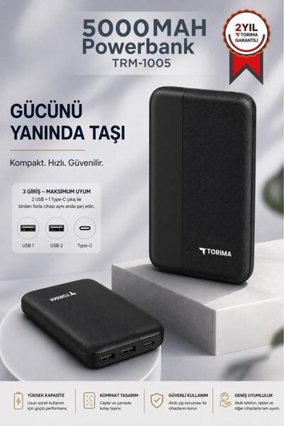 Torima Taşınabilir Batarya 5000 Mah Hızlı Şarj Powerbank TRM-1005 Siyah