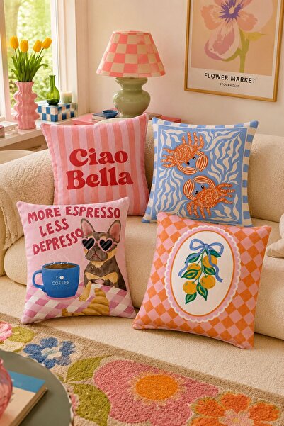 Atlas collection Kahve İçen Köpüş Dopamin Renkli Popüler 4 lü Kırlent Kılıfı,...