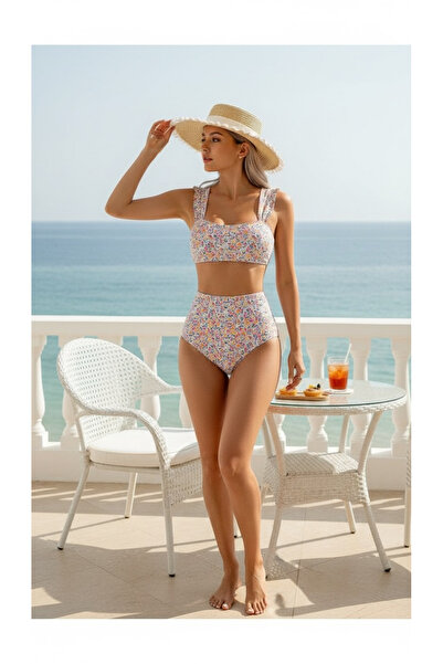 Peille Desenli plaj kombini mayo bikini takım yüksek bel bikini set bağcıklı ...