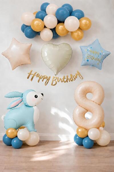 Patladı Gitti Blue Rabbit Themed 8Th Birthday Balloon Set
