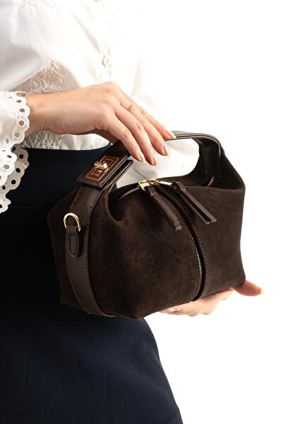 LOTUSVİE Brown Genuine Suede Women's Hand and Shoulder Bag