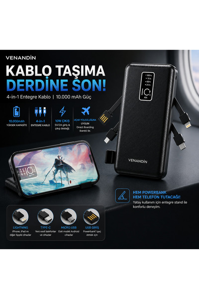 Venandin 10000 mAh 10W Kendinden Kabloları Entegre Dijital Göstergeli Powerba...