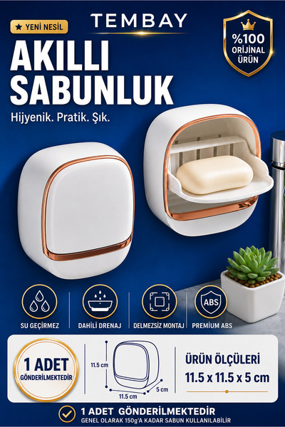 TEMBAY Beyaz Yapışkanlı Modern Sabunluk Kapaklı Kendinden Boşaltmalı Su Tutma...