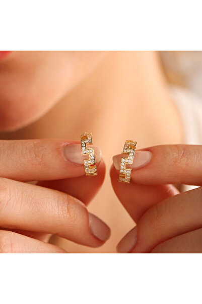 Sembol Gold Grek Altın Halka Küpe 1.5 cm Taşlı