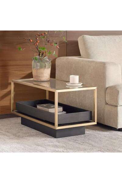 PAN HOME طاولة زاوية للأريكة زارول من الزجاج المقسى - ذهبي وبني