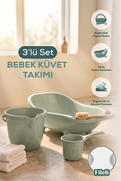 Vienev 3'lü Set Fileli Yenidoğan Küvet Seti Yeşil