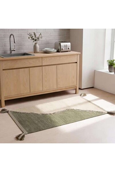 PAN HOME سجادة قطنية كينلي مع شراشيب 90×150 سم - أخضر زيتوني