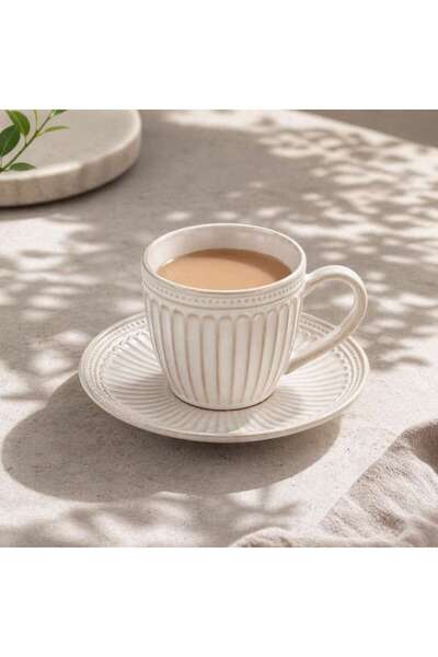 PAN HOME Vintage Elite Stoneware Tea Cup & Saucer 200ml -off White