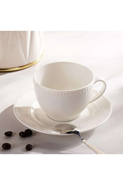 PAN HOME Perlee Beaded New Bone China Tea Cup Saucer 220ml -white