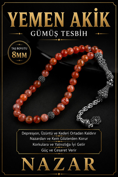 OSMANLI DEĞERLİ TAŞ Sertifikalı Yemen Akik Doğal Taş 33'lük Gümüş Tesbih