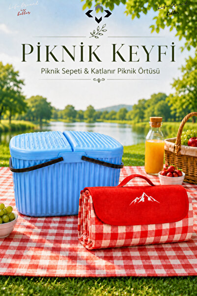 LİGROUND 30 Litre Renkli Büyük Kulplu Kapaklı Piknik Sepeti & Katlanabilir Pi...