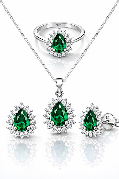 TASLİDUSLERJEWELRY 925 Ayar Gümüş Zümrüt Yeşili Damla Taşlı Antika Model Set