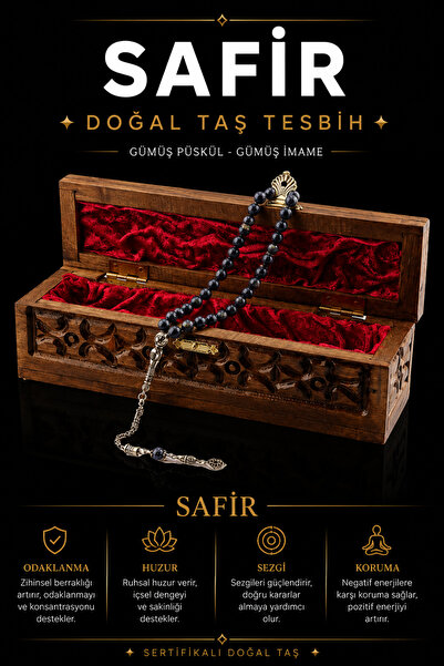 OSMANLI DEĞERLİ TAŞ Sertifikalı Safir Doğal Taş Tesbih (GÜMÜŞ PÜSKÜL-GÜMÜŞ İM...