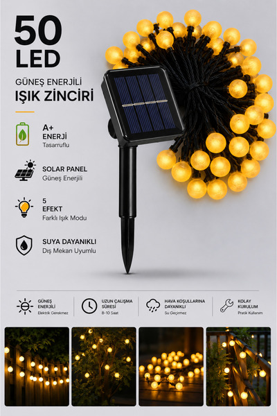 SULED Dekoratif 7 Metre 50 Kristal Top Led Solar Balkon Teras Ağaç Bahçe Aydınlatması