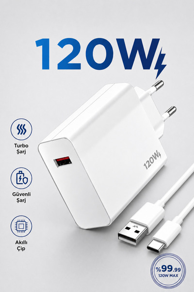 Abbruch 120W Süper Hızlı Şarj Adaptörü Type-C Kablo Dahil Akıllı Çipli Güvenl...