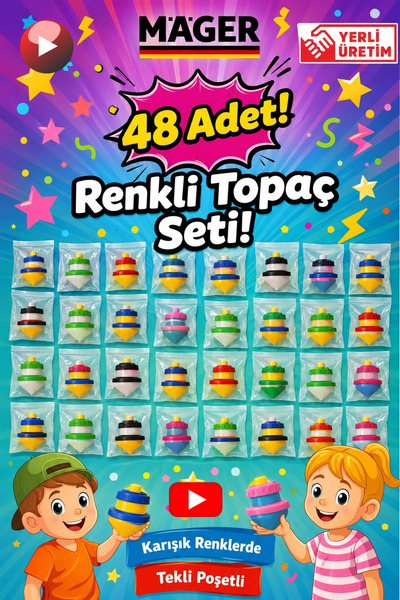 Mager 48 Adet Çevirmeli Basmalı Nostaljik Fırıldak Topaç - Her biri ayrı poşe...