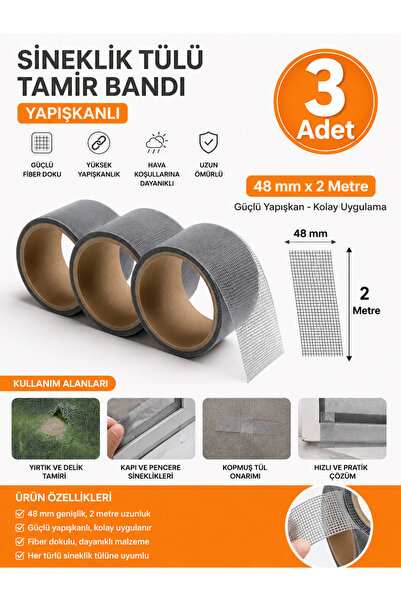 Dünya Magnet 48 mm x 2 Metre (3 Adet) Yapışkanlı Sineklik Tülü Tamir Bandı Ya...