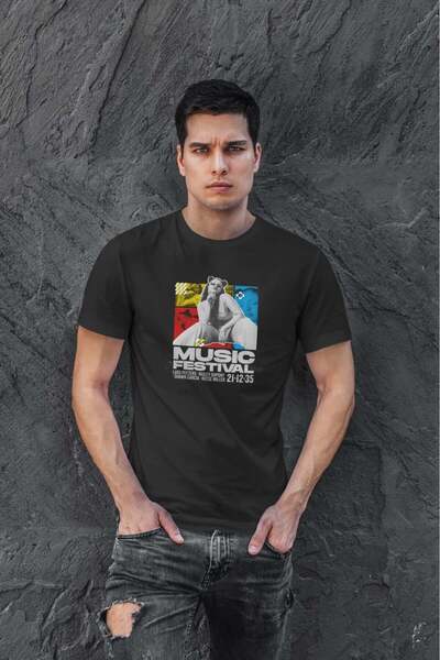 buzagi tasarım ürünleri Festival Regular Fit Black Unisex T-Shirt