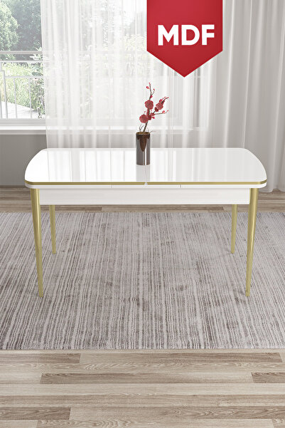 Canisa Pale Serisi 80x132 MDF Açılabilir Beyaz Mutfak Masası Gold Ayak