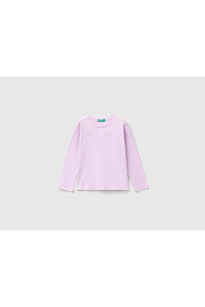 United Colors of Benetton تي شيرت بناتي بأكمام طويلة وطبعة لامعة