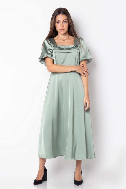 mica Short-sleeve silk midi dress with square neck