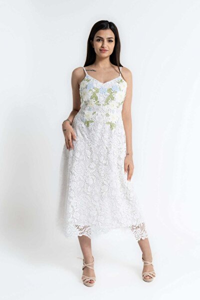 mica Embroidered Midi Dress with Thin Straps