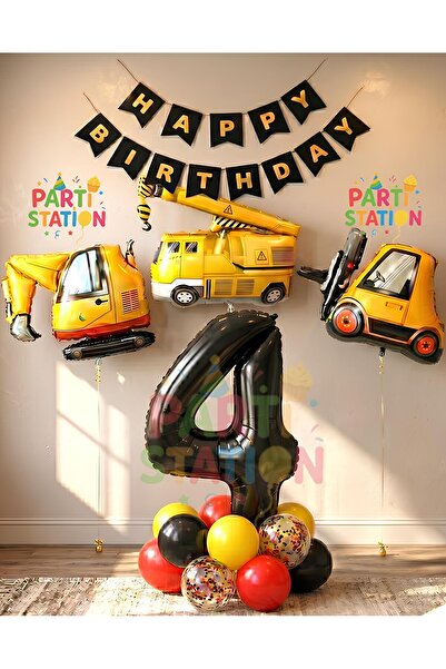 Parti Station İş Makinaları İnşaat Parti 4 Yaş Balon Set Kepçe Balon Vinç Bal...