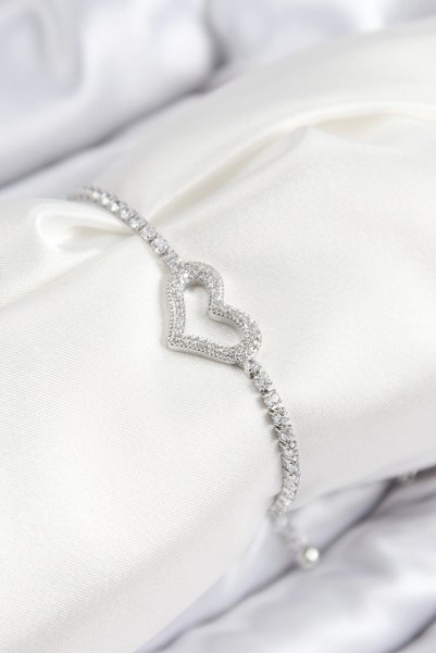 Skygo Brass Zircon Stone Heart Model Silver Color Elevator Women's Bracelet