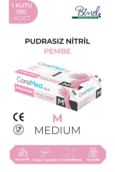 COREMED Toz Pembe Nitril Muayene Eldiveni Pudrasız 100’lük Kutu - Medium