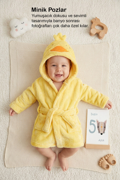 Moky Design Newborn Baby Bathrobe, Yellow with Chick Animals, 100% Cotton, 0-9 Months, Newborn Baby Gift