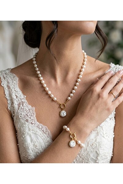 eyla collection Gerçek İnci Kolye & Bileklik Seti - Altın Takılabilir - 60 cm
