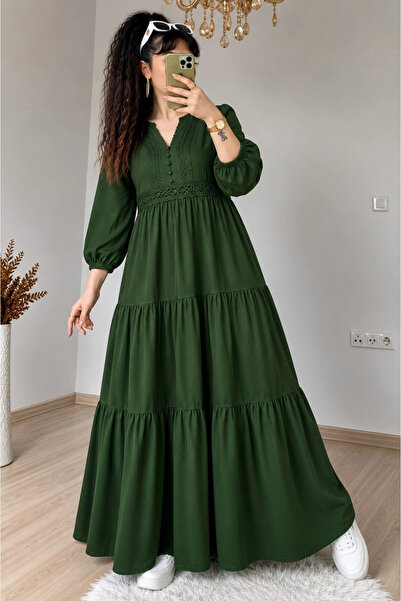AZRA BUTİK Ruffled Skirt Lace Stripe Detailed Dress Khaki