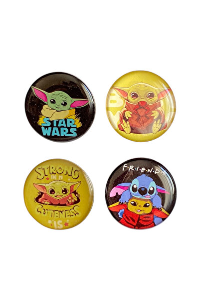 Yaya Dizayn Star Wars Baby Yoda Temalı 4'lü Parlak Baskılı Metal Rozet Seti