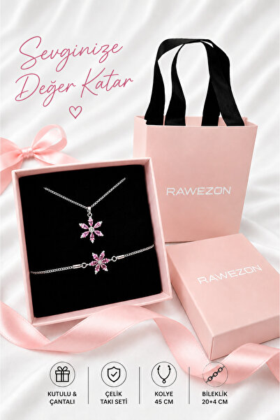 RAWEZON Eşinize Anlamlı Hediye- Çelik Pembe Lotus Kolye Ve Bileklik - Sevgili...