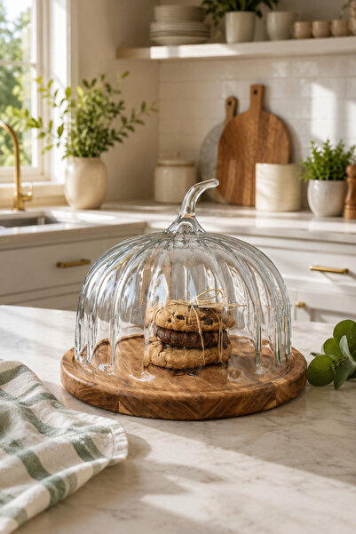 KaiHome Pumpkin Pine Acacia Stand Glass Lid Presenter