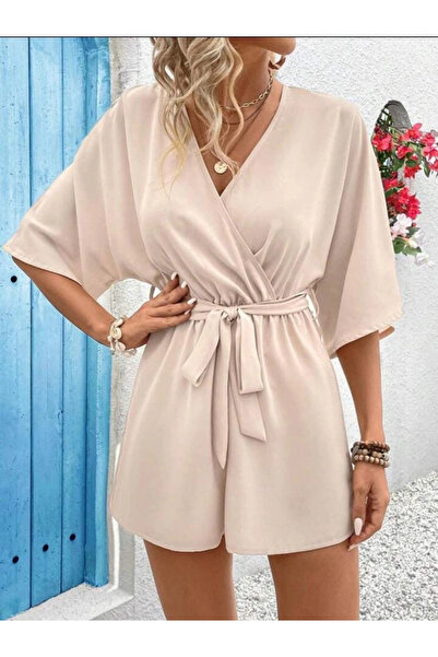 Butik Women's Short Sleeve Double Breasted Collar Belted Waist Short Aerobin ...