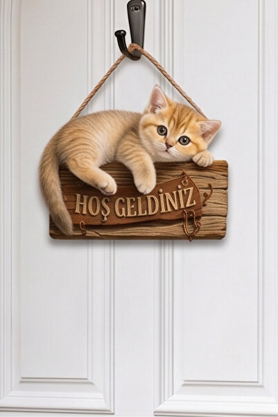 MARNELLO CONSEPT "Welcome" Written Cat Wooden Mdf Door Ornament - 2D Flat Print