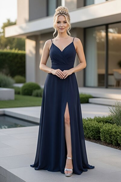 FaBe Fashion İNCE ASKILI KRUVAZA YAKA SIRTI BAĞCIKLI YIRTMAÇLI ŞİFON NİKAH-Nİ...