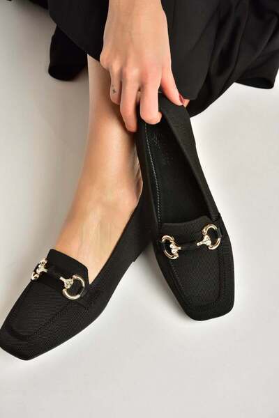 Fox Shoes Y820400104 Siyah Triko Kumaş Toka Detaylı Kadın Babet