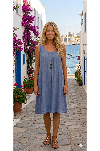 Hale Shop %100 Keten Kalın Askılı Verev Esnek Elbise - MAVİ