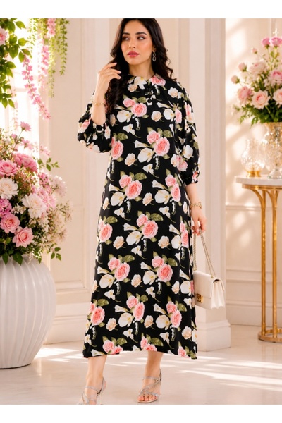amaan Women Floral Print Midi Jalabiya, Chiffon Fabric, 3/4 Sleeve Button-Up ...